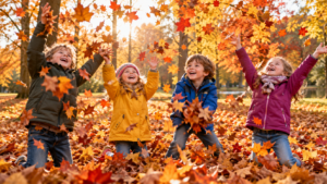 Kinderen spelen met herfstbladeren tijdens een vrolijk uitje in de herfstvakantie.